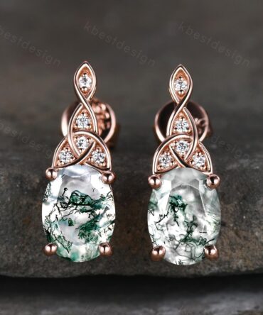 Celtic moss agate earrings women rose gold earring studs oval cut earrings art deco green agate studs anniversary gift for her