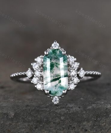 Retro moss agate engagement ring Long hexagon cut ring for women moissanite cluster ring art deco promise ring bridal ring