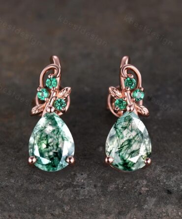 Nature inspired moss agate earrings women rose gold earring studs teardrop earrings art deco green agate studs anniversary gift for her
