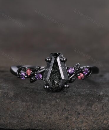 Coffin cut black rutilated quartz engagement ring black gold ring Art deco leaf design amethyst Bridal ring Unique promise ring